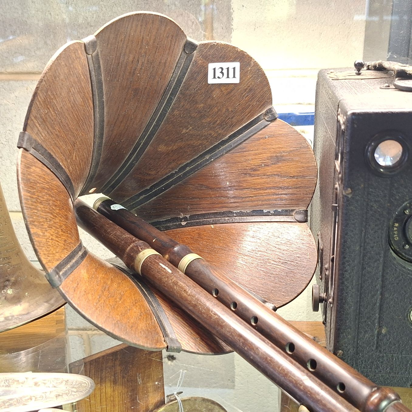 Two Wooden Flutes And Grampohone Trumpet