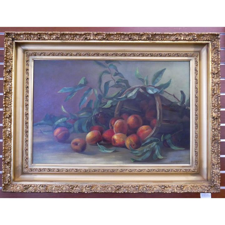 Edith Wright 1899 Basket of Apples Oil Painting in Ornate Gilt Frame- 28x38''