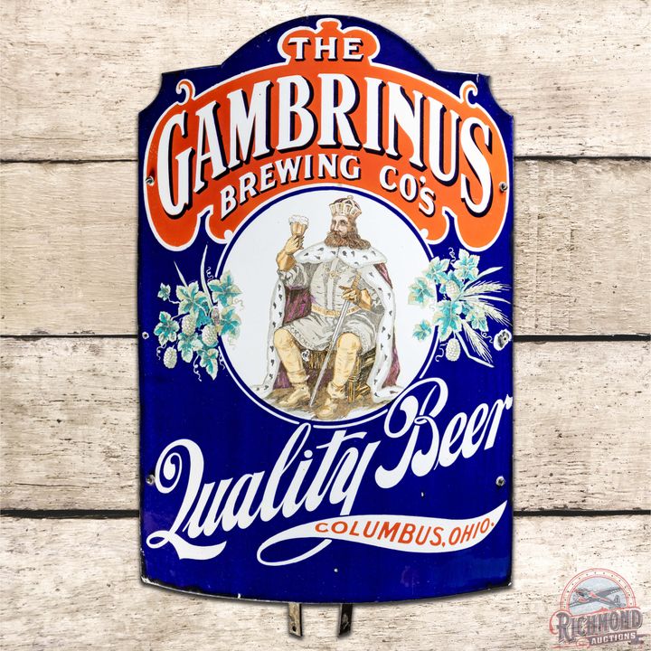 The Gambrinus Brewing Co. Quality Beer Curved SS Porcelain Sign w/ Bracket Columbus Ohio