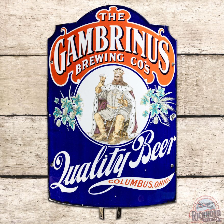 The Gambrinus Brewing Co. Quality Beer Curved SS Porcelain Sign w/ Bracket Columbus Ohio
