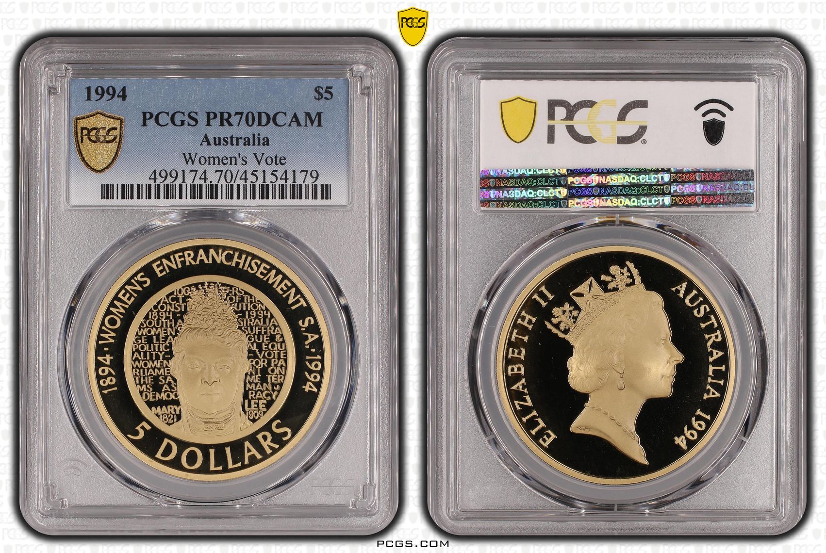 Elizabeth II, Women's Vote, POP 12/0, Five Dollar, 1994, PCGS PR70DCAM