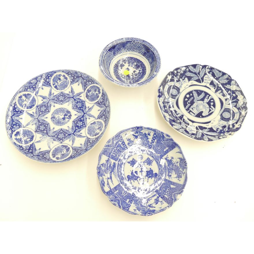 4pc Japanese B&W Porcelain Chargers & Bowls- 7.5-12''