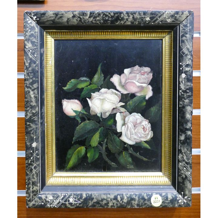 Antique Pink Roses Oil on Panel Framed- 14x11''