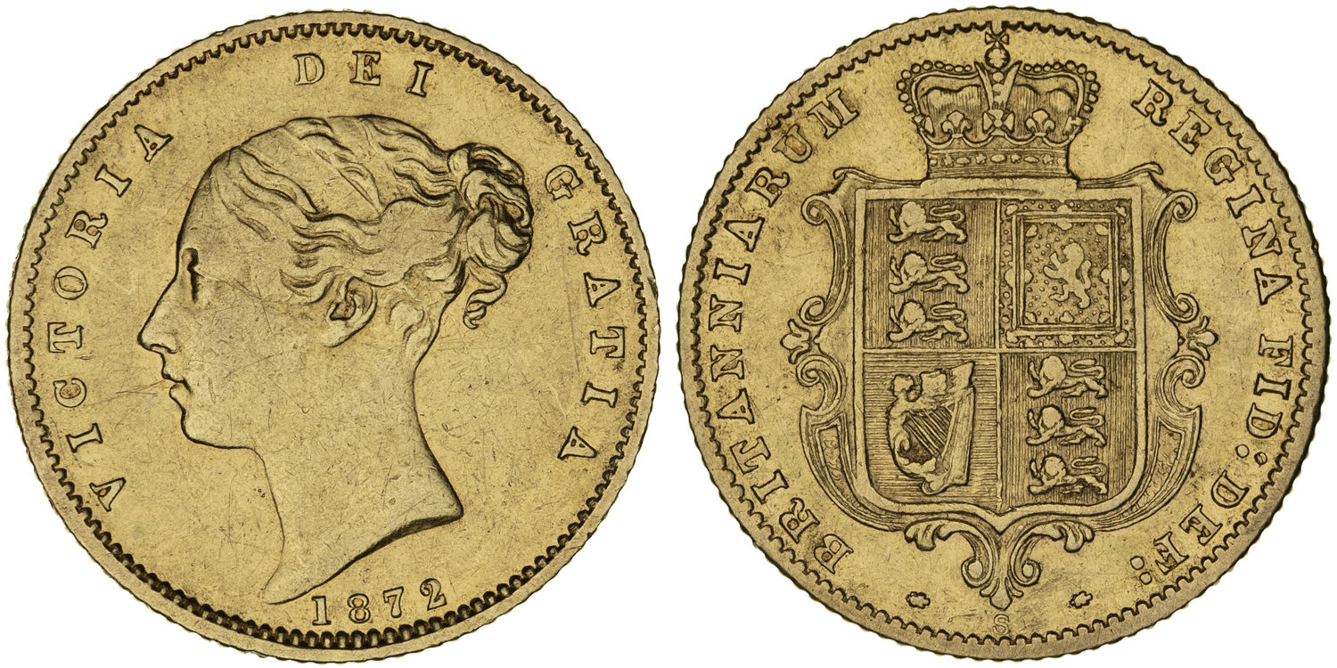 Victoria, Shield Reverse, Half Sovereign, 1872-S, gFine