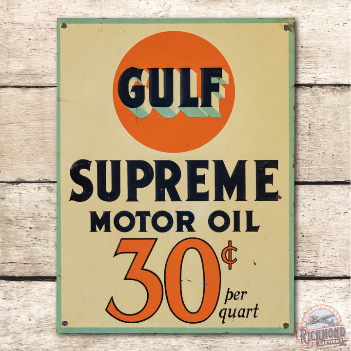 12" Gulf Supreme Motor Oil 30c Per Quart Embossed Tin Sign