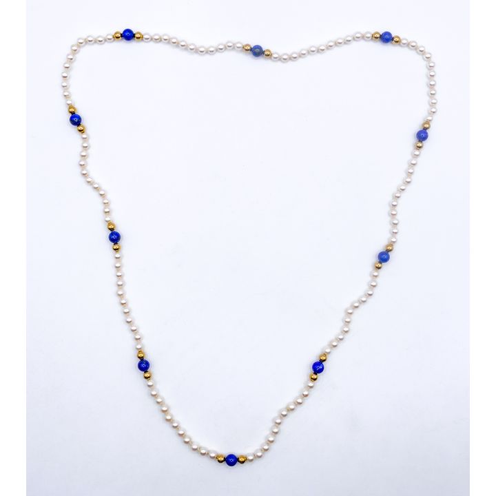 Strand of 14k Pearl and Lapis Bead Necklace 34"