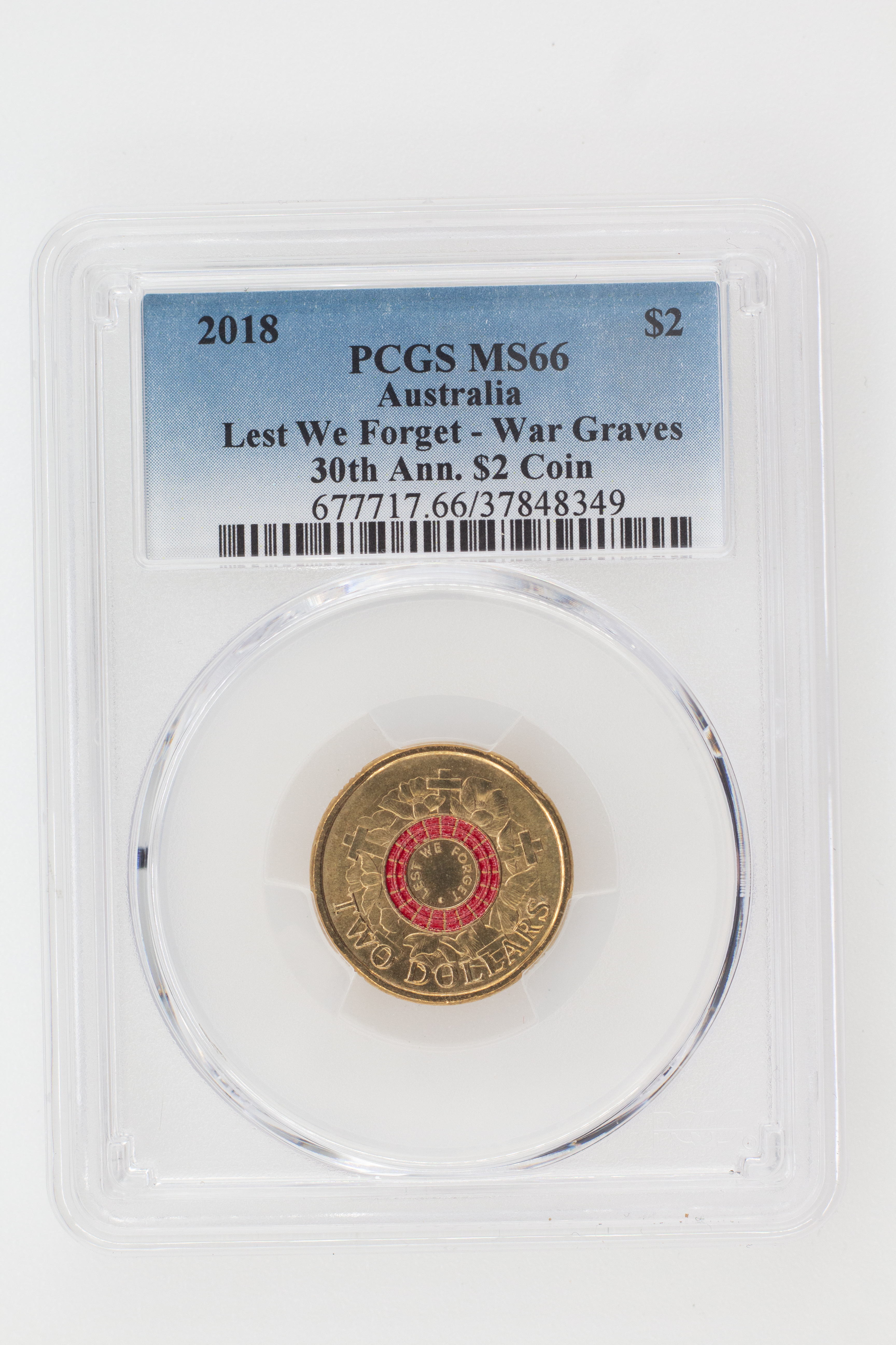 2018 Australia Two Dollar, $2 Lest We Forget - War Graves 30th Ann. $2 Coin PCGS - MS66 -349