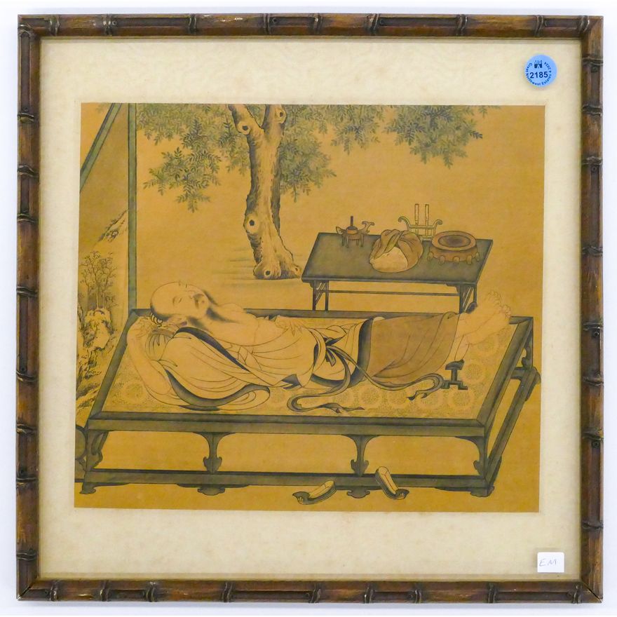 Old Chinese Reclining Scholar Watercolor on Silk Framed