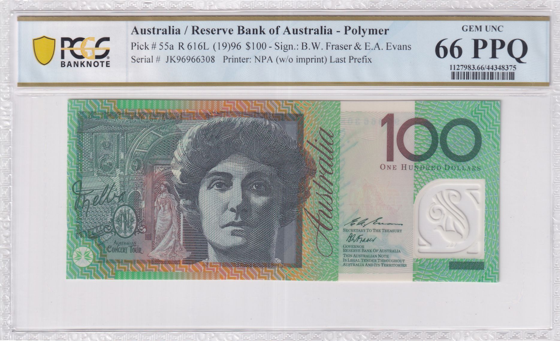 Fraser/Evans, Last Prefix, One Hundred Dollar, 1996, PCGS Gem UNC 66 PPQ