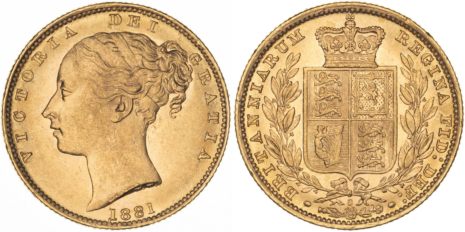 Victoria, Shield Reverse, Sovereign, 1881-S, UNC