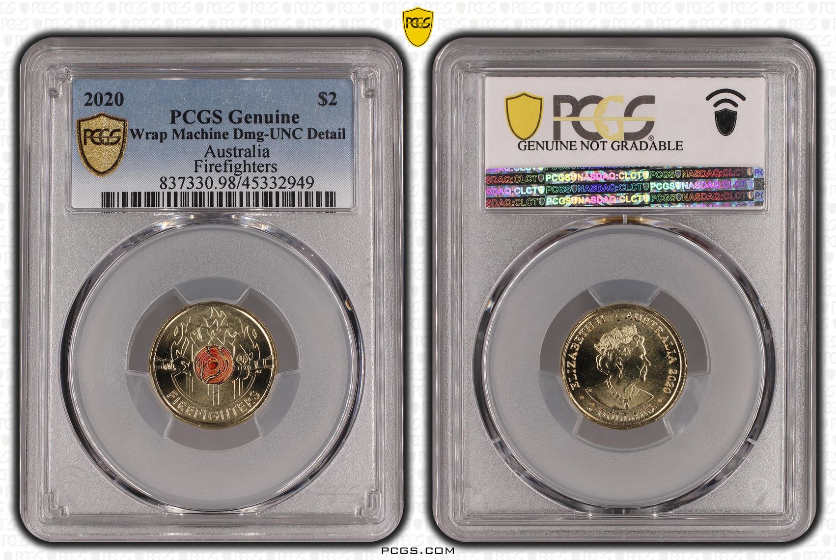 2020 Australia Two Dollar, $2 Firefighters PCGS - Genuine - UNC Details (98 - Damage) -949