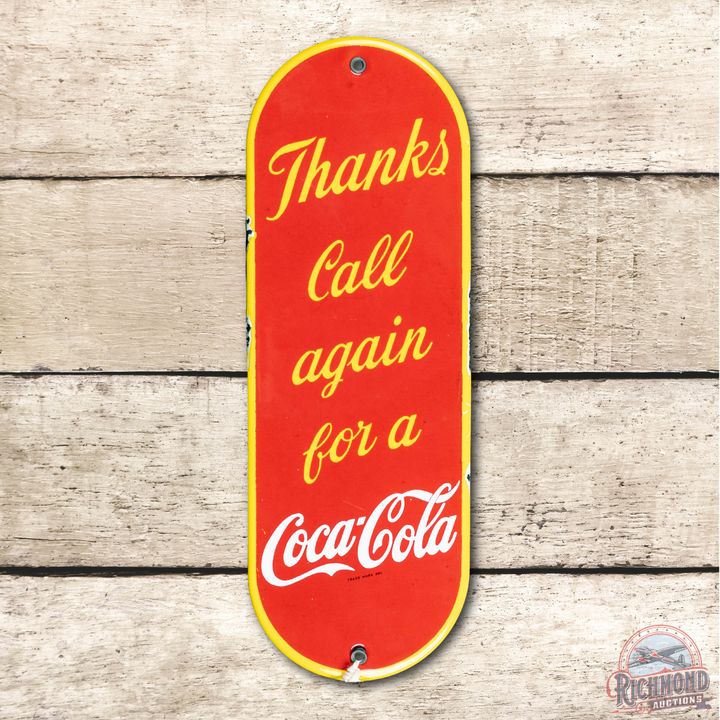 Thanks Call Again For A Coca-Cola Porcelain Door Push Sign TAC 8.75