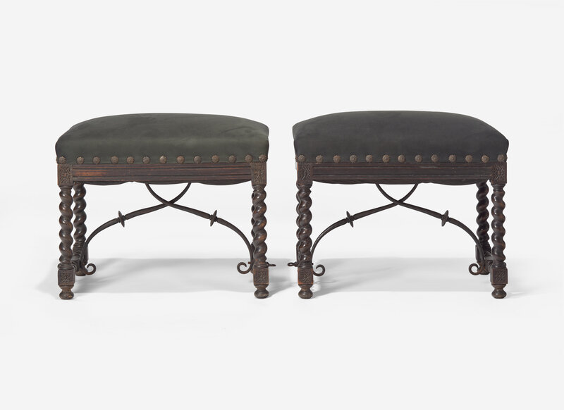 A Pair of Spanish Baroque Style Stained Beechwood and Wrought Iron Stools