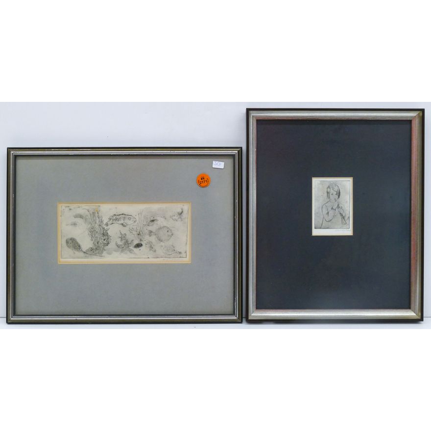 2pc Lisel Salzer ''Fish and Flautist'' Signed Etchings Framed 10''x13'' Largest