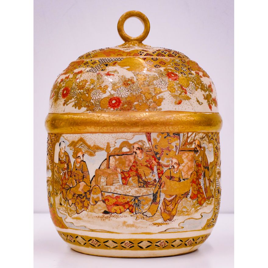 Japanese Meiji Satsuma Immortals Covered Jar 10.5''