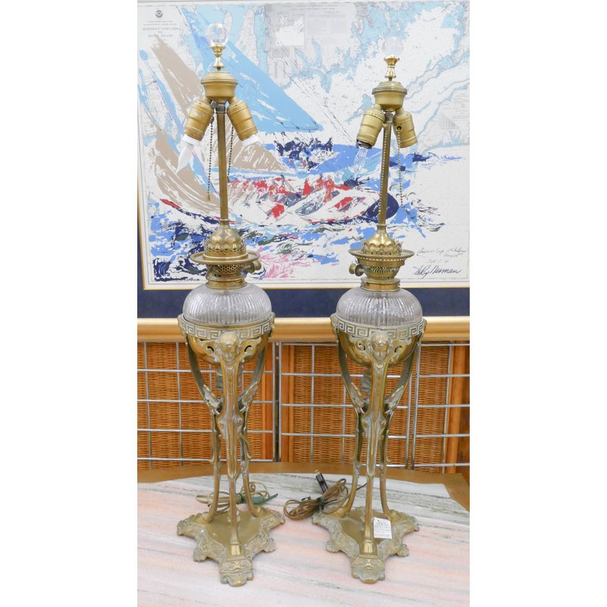 Pair Antique Brass & Cut Glass Electrified Oil Table Lamps- 35x8''