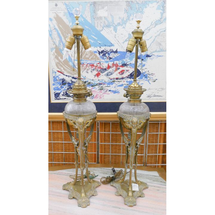 Pair Antique Brass & Cut Glass Electrified Oil Table Lamps- 35x8''