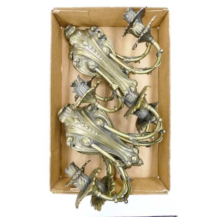 5pc Antique Gilt Bronze Double Candle Sconces- 9x11'' each