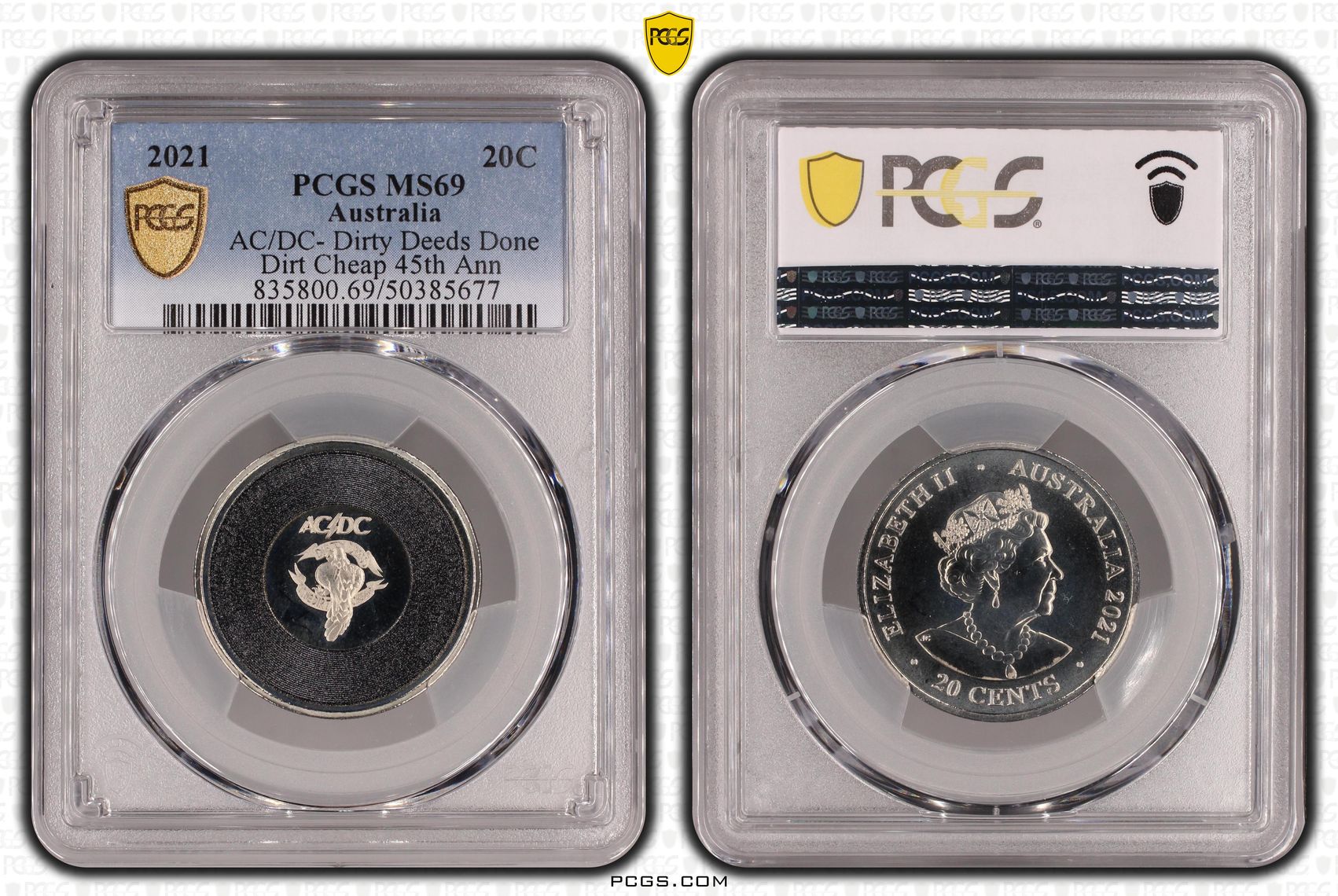 160 · Elizabeth II, AC/DC- Dirty Deeds Done Dirt Cheap 45th Anniversary , Twenty Cent, 2021, PCGS MS69