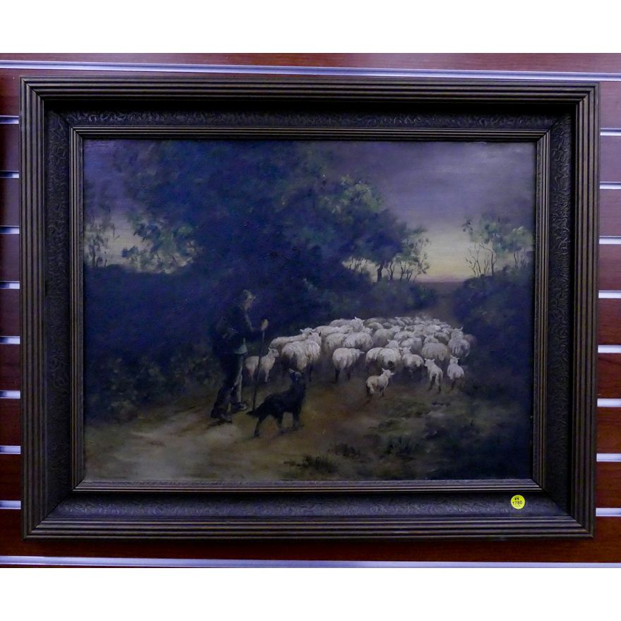 Antique Shepard & Sheep Oil Painting Framed- 24x30''
