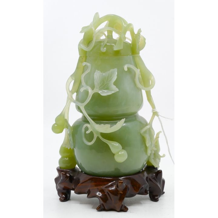 Chinese Carved Jade Double Gourd Covered Vase 8''