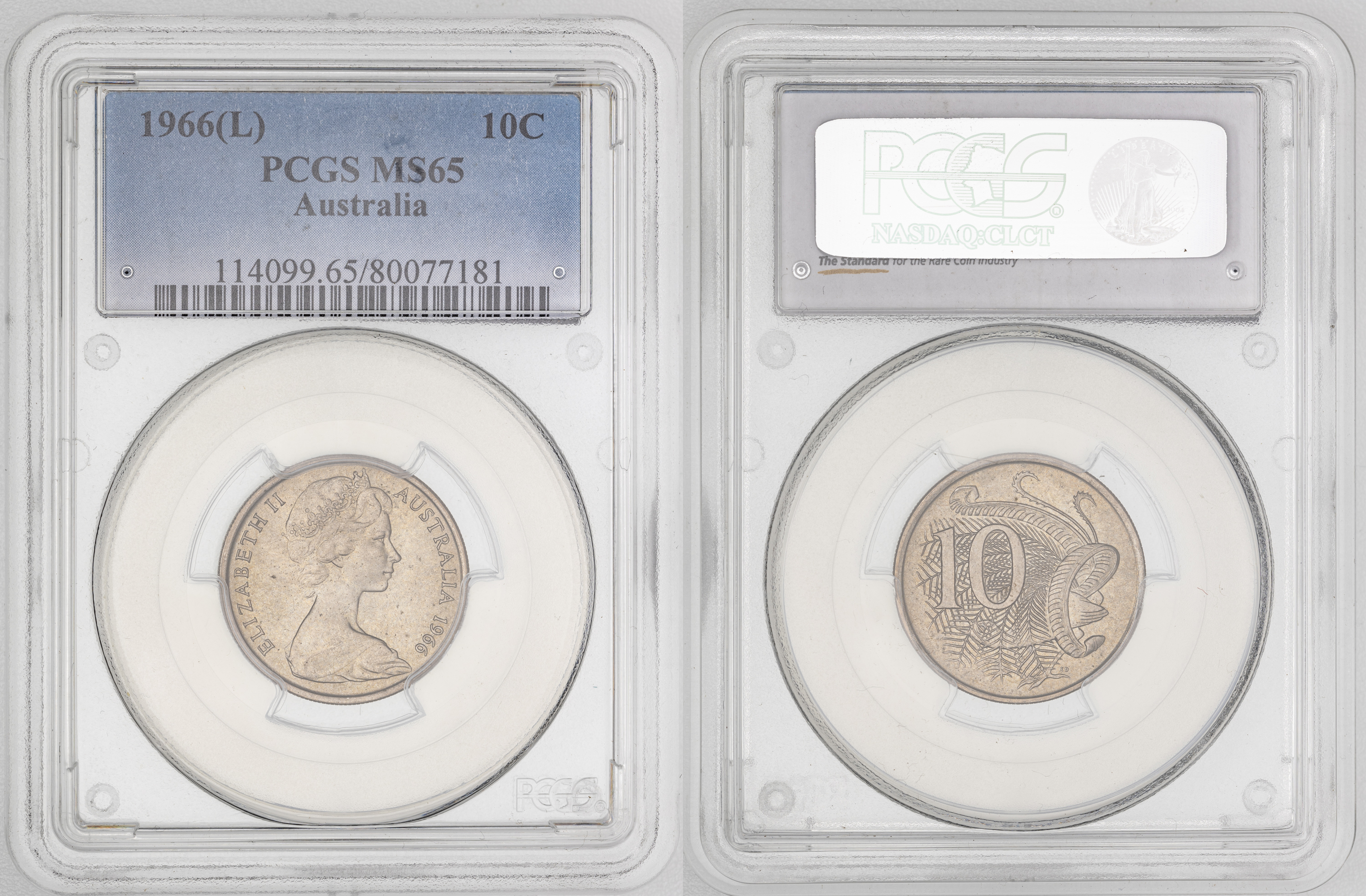 202 · Elizabeth II,  , Ten Cent, 1966(L), PCGS MS65