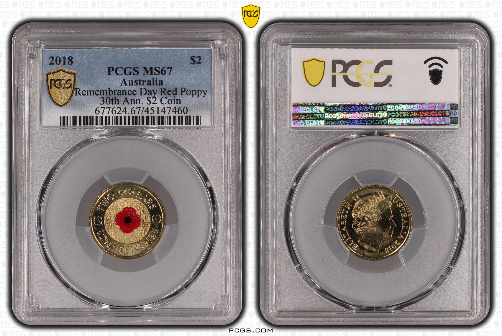 2018 Australia Two Dollar, $2 Remembrance Day Red Poppy 30th Ann. $2 Coin PCGS - MS67 -460