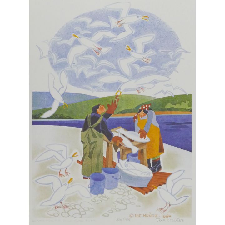 Rie Munoz "Scraps For The Gulls - Yukon River" 1994 Signed Print 13.5" x 16.5" Sheet.