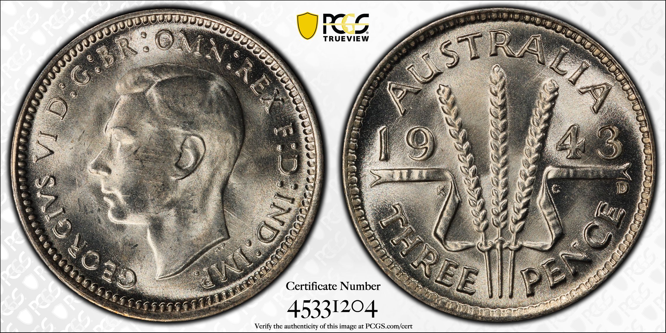 George VI, Threepence, 1943-D, PCGS MS 66