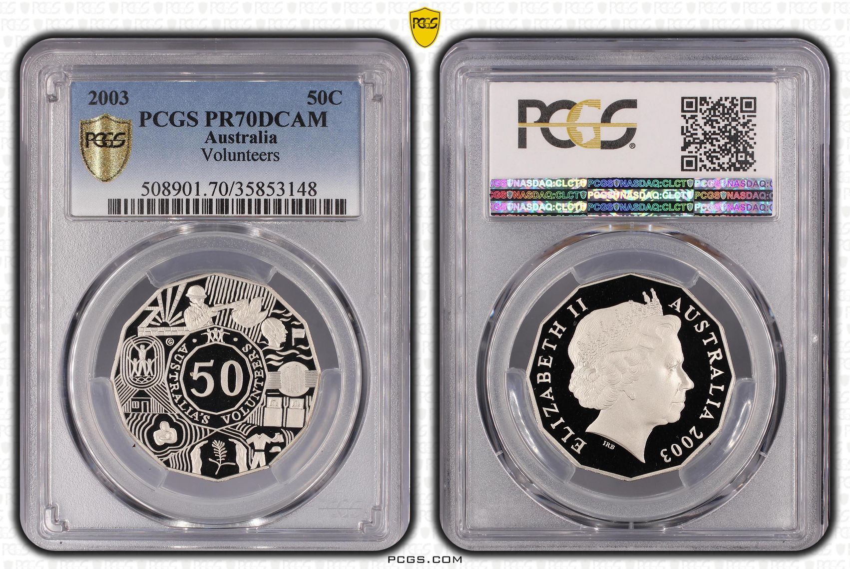 300 · 2003 Australia Fifty Cent, 50c Volunteers PCGS - PR70DCAM POP 29/0 -148