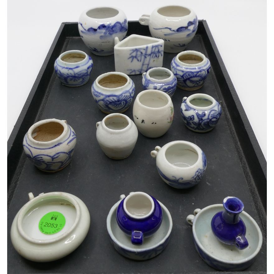 Tray 16pc Old Chinese Porcelain Bird Feeders 1.5'' to 2.5''