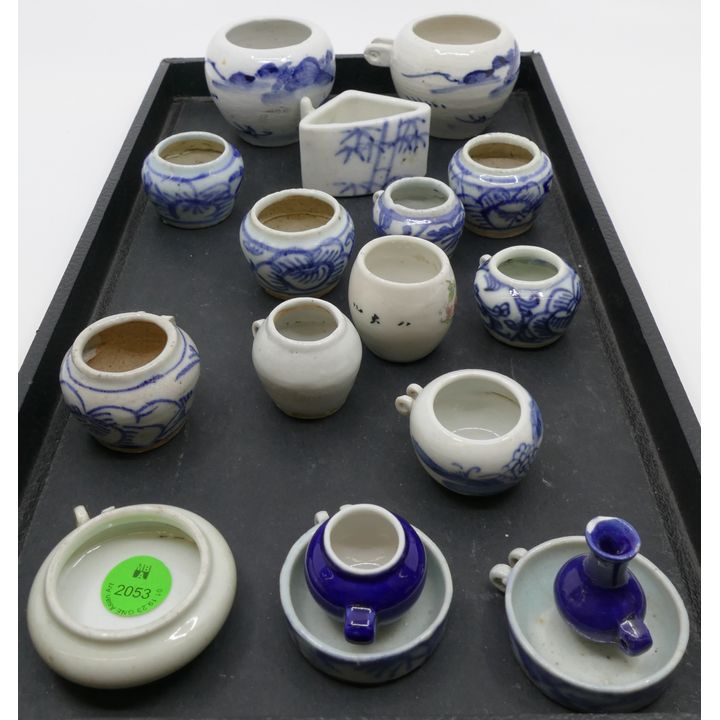 Tray 16pc Old Chinese Porcelain Bird Feeders 1.5'' to 2.5''