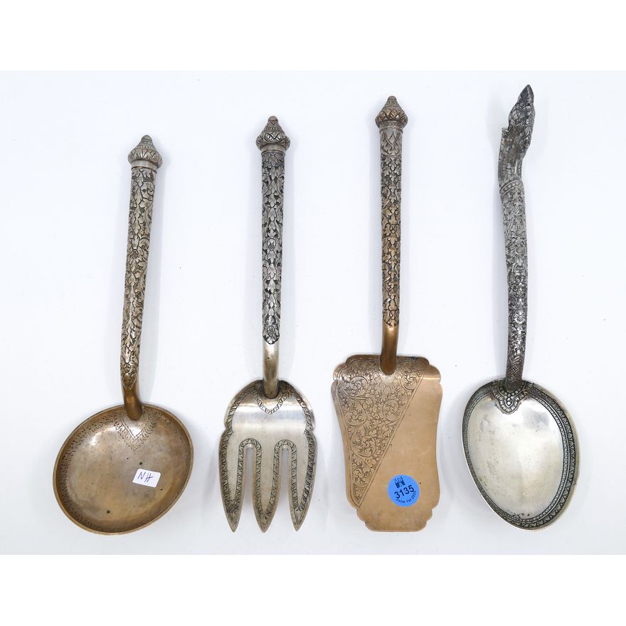 Tray 4pc Burmese Engraved Silver Serving Pieces 9.5'' to 10.5'' -