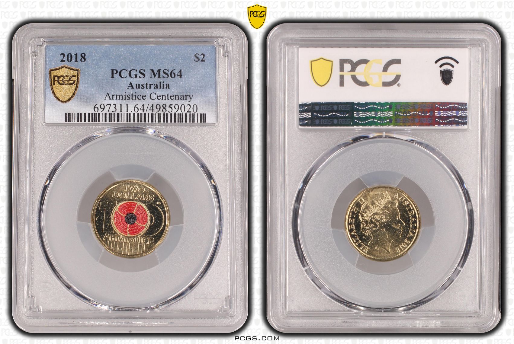 447 · Elizabeth II, Armistice Centenary , Two Dollar, 2018, PCGS MS64