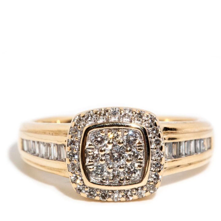 Round & Baguette Diamond Cluster 9ct Gold Ring,