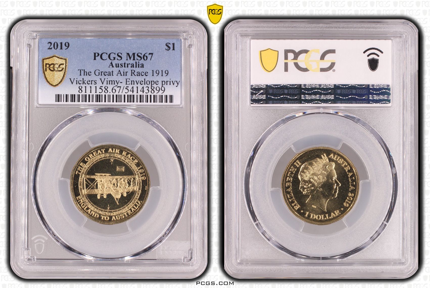 The Great Air Race 1919 Vickers Vimy- Envelope privy, One Dollar, 2019, PCGS MS67