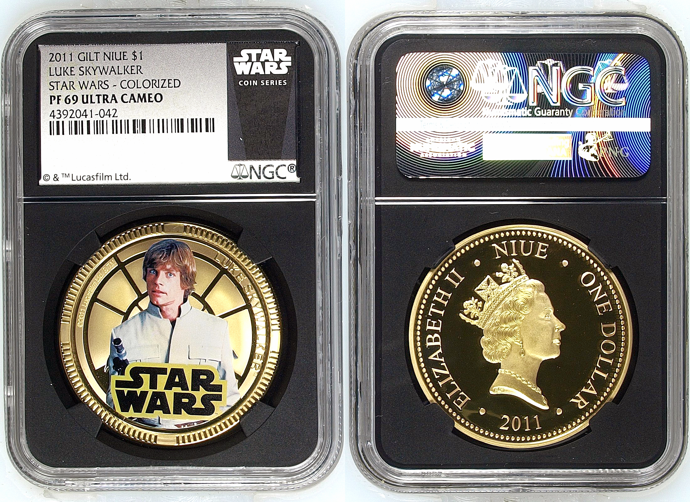 Niue, Gilt Luke Skywalker Colorized, One Dollar, 2011, NGC PF 69 ULTRA CAMEO