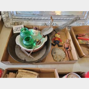 Aluminum Indian head, vintage toys, and kitchen items