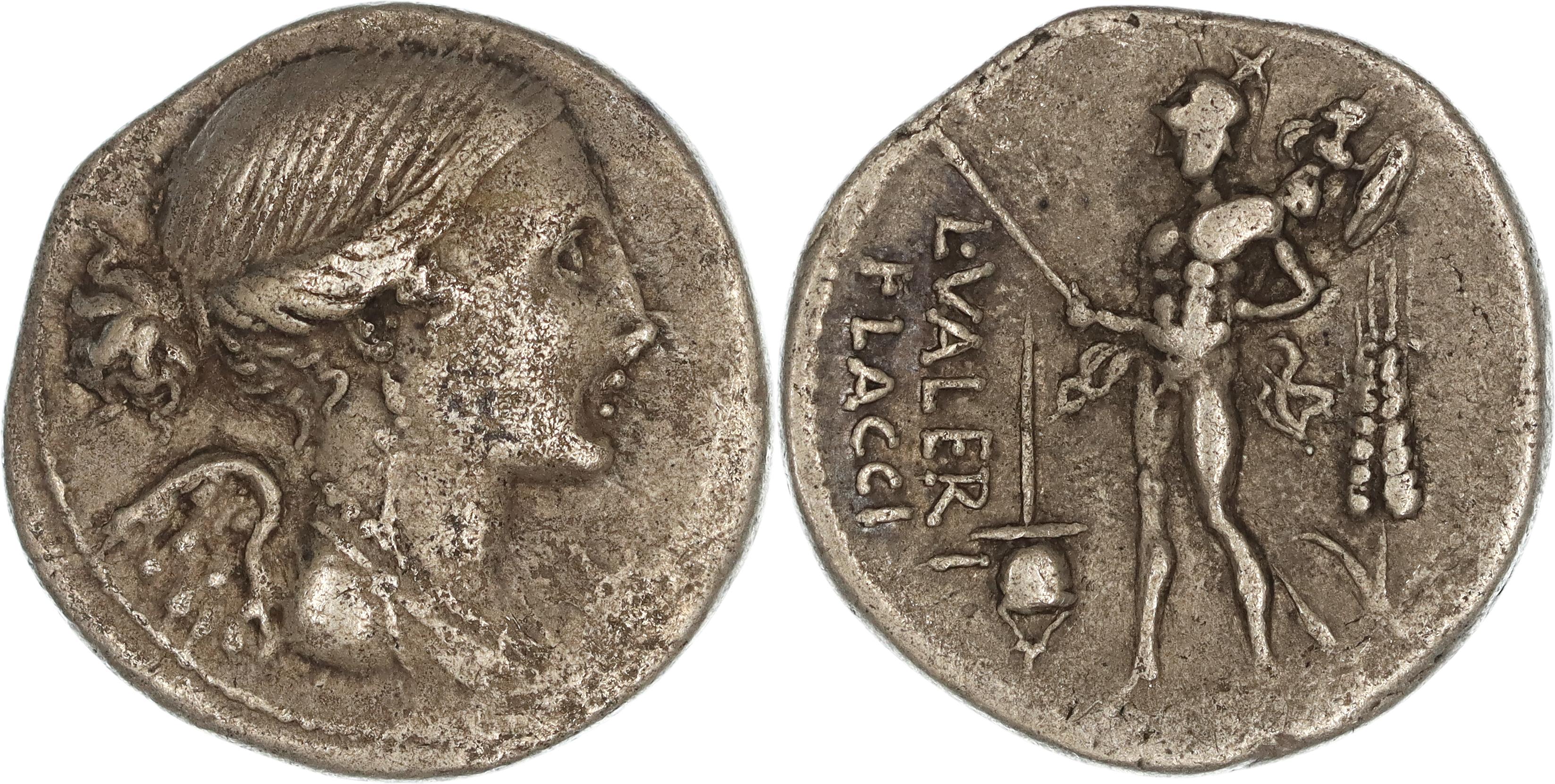 Roman Republic, L. Valerius L.f. L.n. Flaccus, Silver Denarius, 108-107 BC, gF