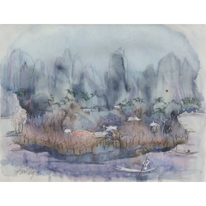 Lannea Melzian ''Along the Li River'' 1985 Watercolor Framed 15.5''x17.5''