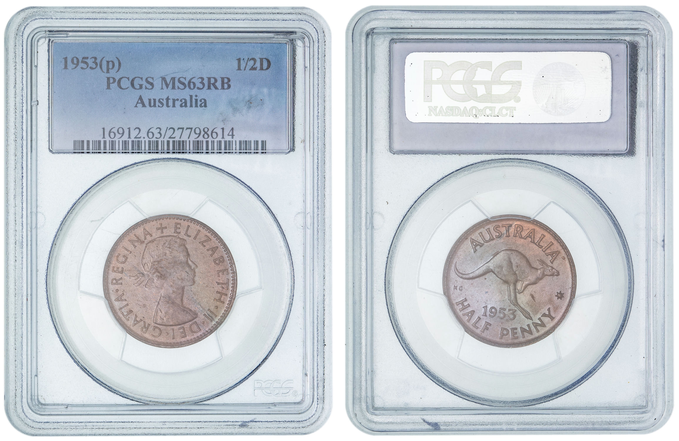 Elizabeth II, Halfpenny, 1953-A., PCGS MS63RB