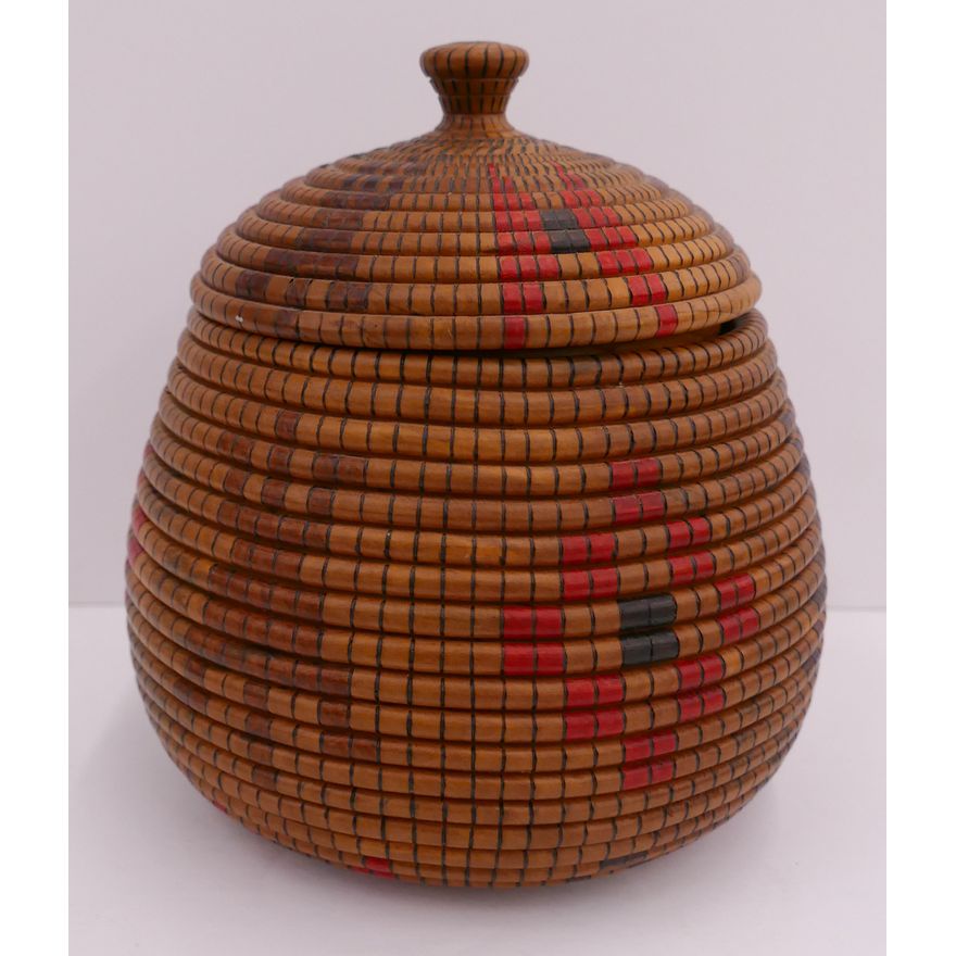 Artist Signed Carved Wood Covered Indian Style Basket- 7''