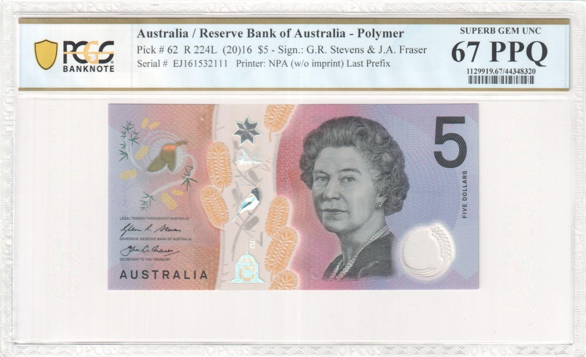 160 · RBA, Polymer, NPA (w/o imprint), Sign.: G.R. Stevens & J.A. Fraser, Last Prefix, Five Dollar, 2016, PCGS - Superb Gem UNC 67 PPQ