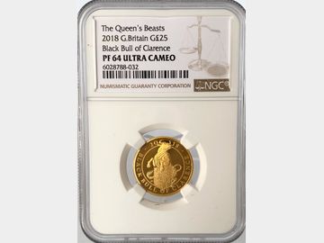2018 ELIZABETH II QUEENS BEAST 'BLACK BULL OF CLARENCE' PROOF 1/4oz GOLD 25POUND COIN PF64 ULTRA CAMEO