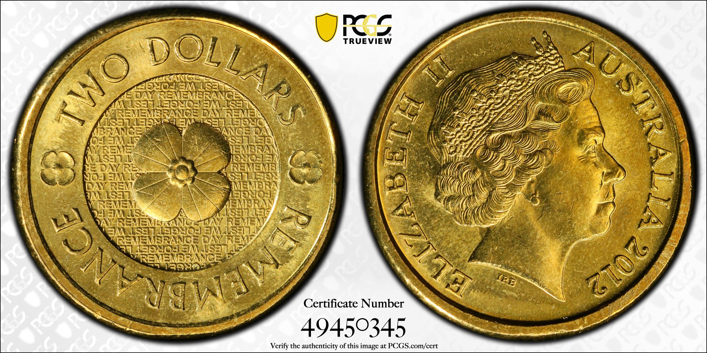 Remembrance Day, Two Dollar, 2012, PCGS MS65