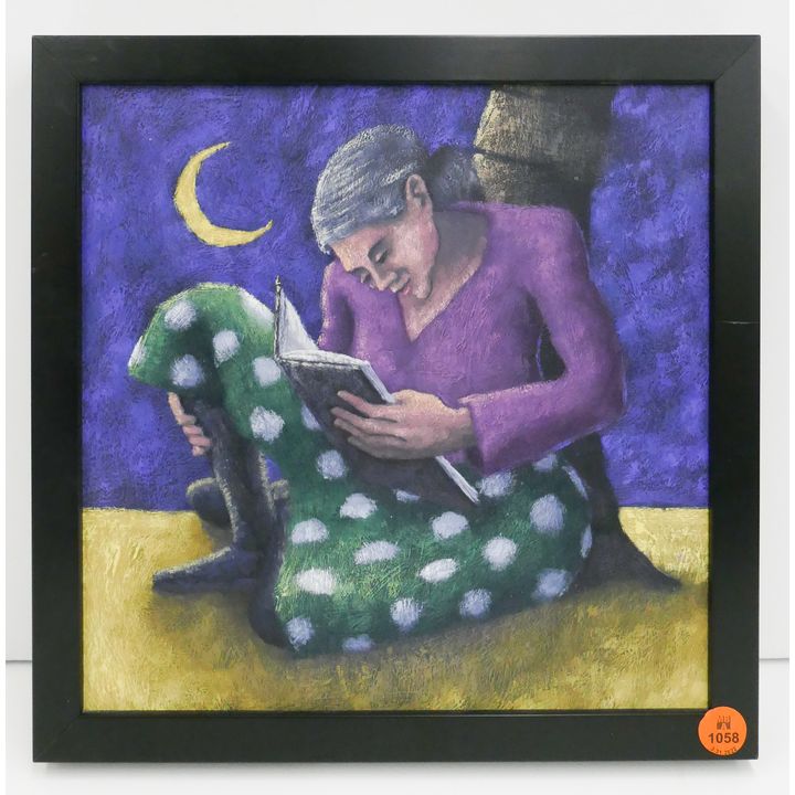 Stephen Schildback 'Reading' Acrylic Painting Framed- 11x11''