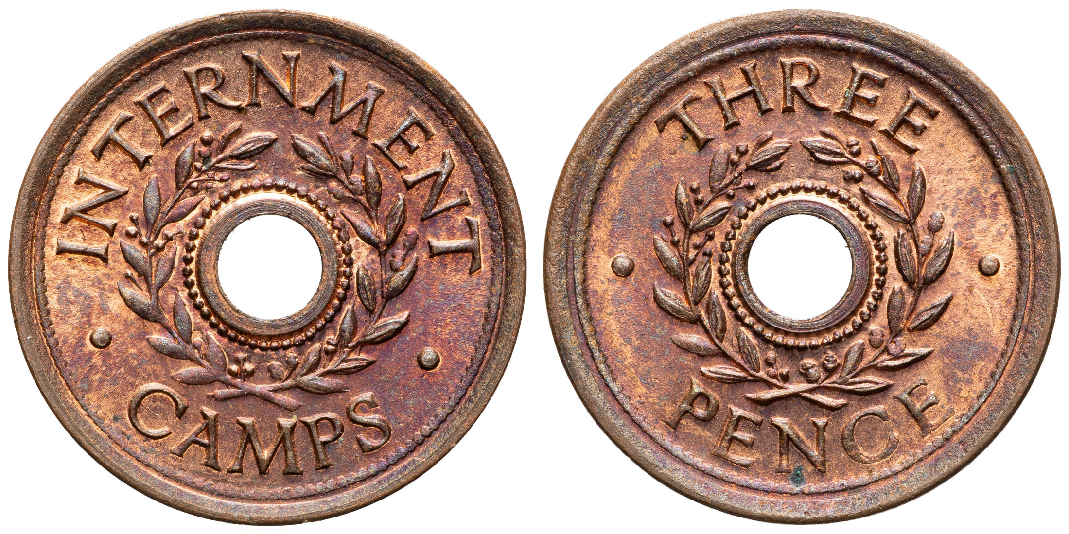 140 · Department of Army Internment Camp Currency Token, Threepence, WWII, UNC