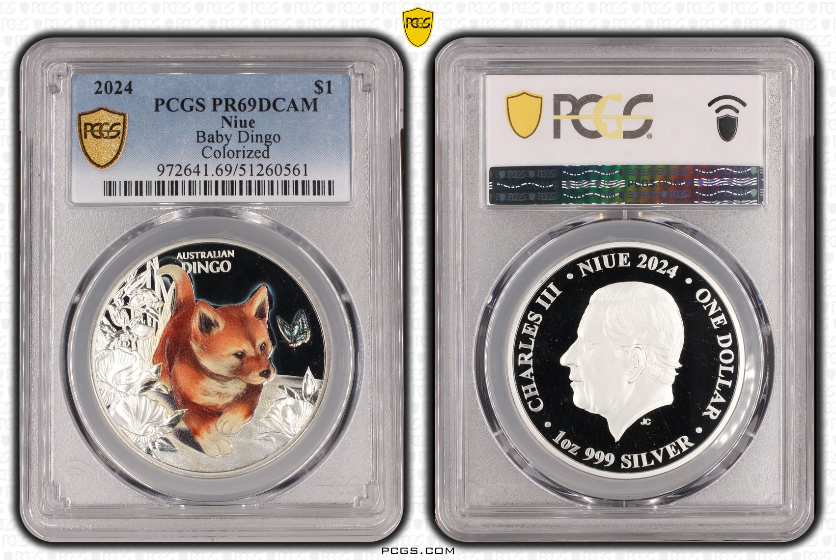 Niue, Baby Dingo Colourised, POP 1/0, One Dollar, 2024, PCGS PR69DCAM