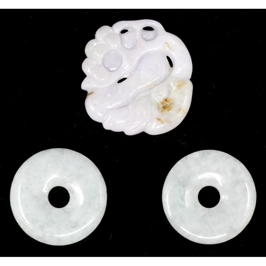 Box 3pc Chinese Jade Bi Discs and Lavender Pendant 1.5'' Approx.
