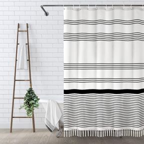 AWELLIFE BLACK AND WHITE BOHO SHOWER CURTAIN FOR BATHROOM STRIPE TASSEL SHOWER CURTAIN FARMHOUSE COTTON 96" L X 72" W